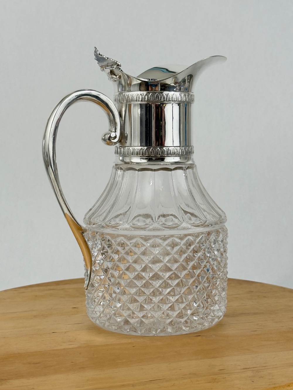 Vintage Italian Glass & Silverplate Decanter Pitcher, Diamond Pattern Claret Jug